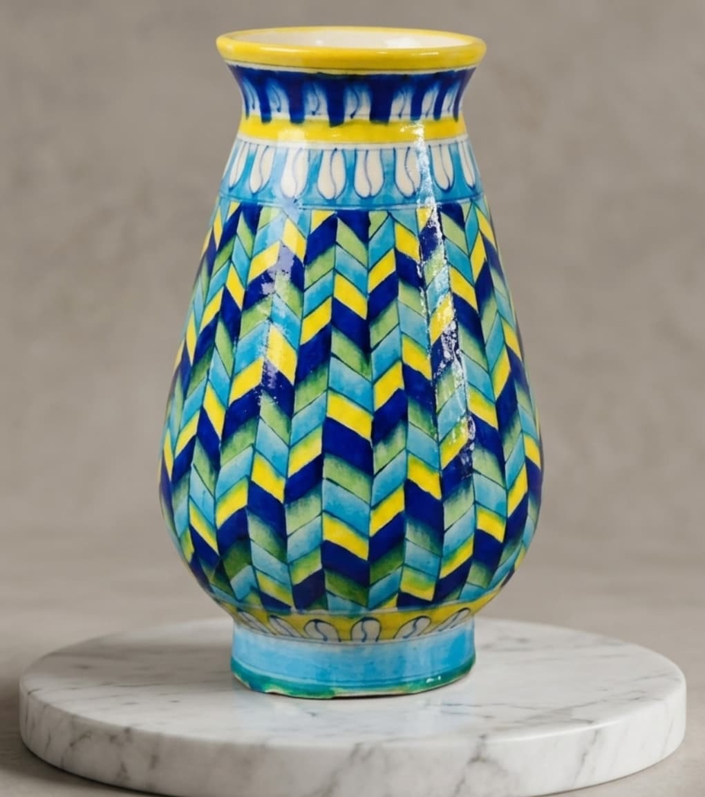 Chevron Citrine Hand-Painted Jaipur Blue Pottery Bud Vase (12