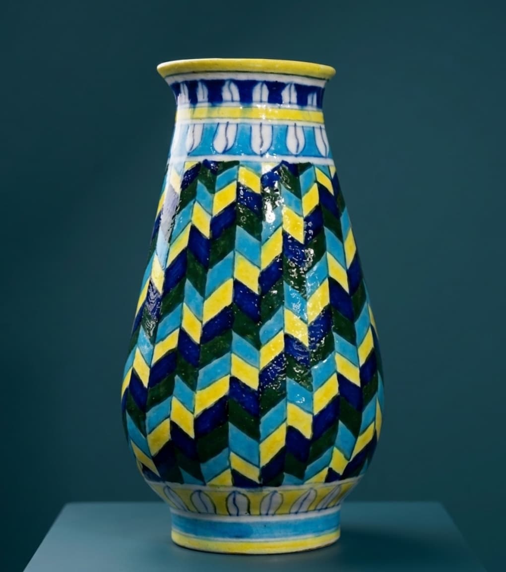 Chevron Citrine Hand-Painted Jaipur Blue Pottery Bud Vase (12