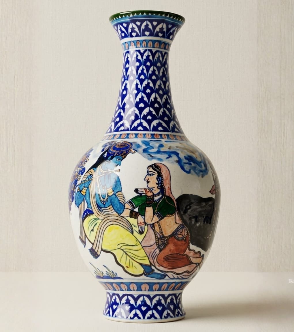 Eternal Vrindavan Hand-Painted Radha Krishna Jaipur Blue Pottery Vase (20")