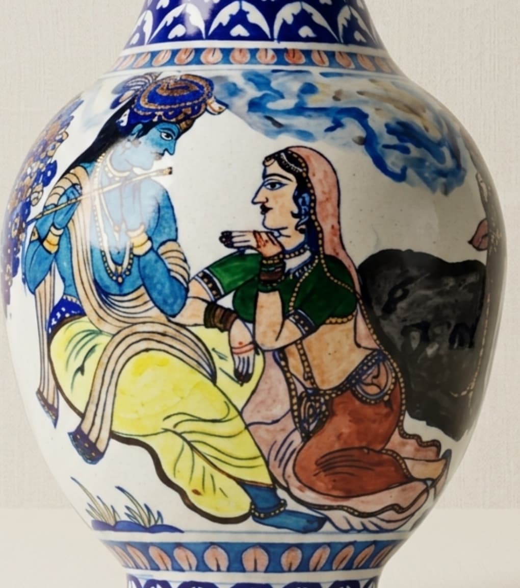 Eternal Vrindavan Hand-Painted Radha Krishna Jaipur Blue Pottery Vase (20")