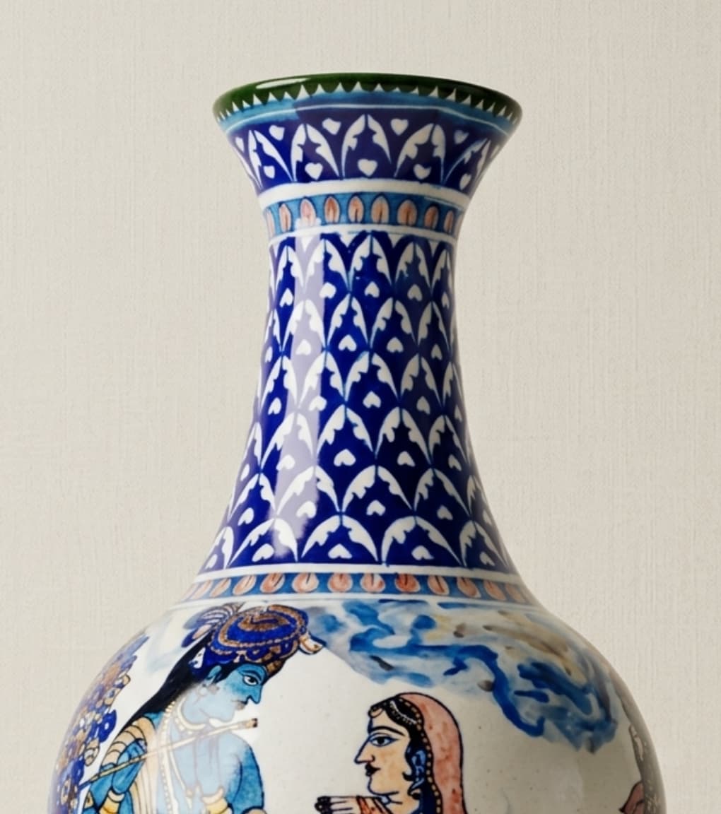 Eternal Vrindavan Hand-Painted Radha Krishna Jaipur Blue Pottery Vase (20")
