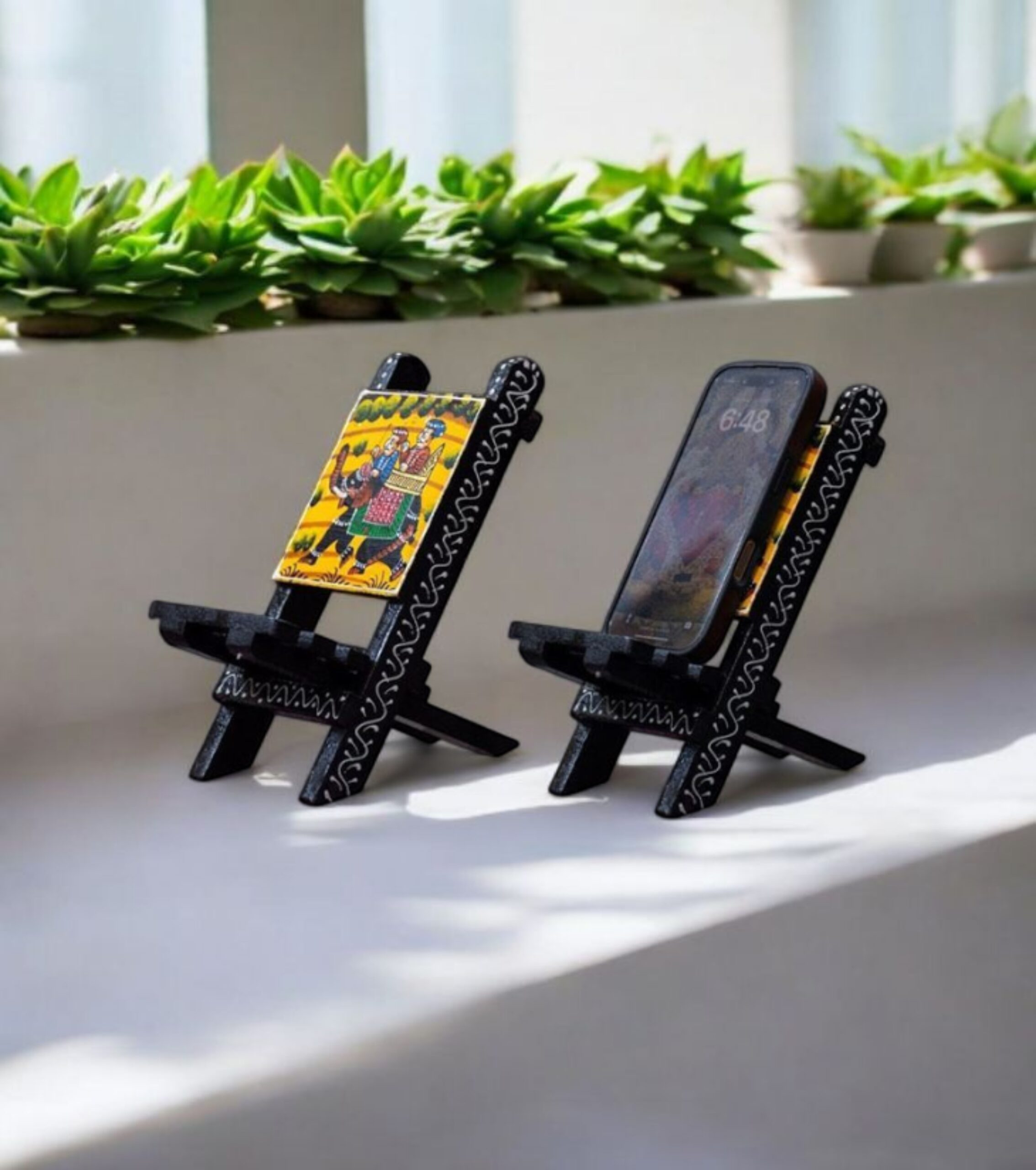 Premium Hand-Painted Desk Accessory – Royal Ride Wooden Mobile Stand by IndiTemptation