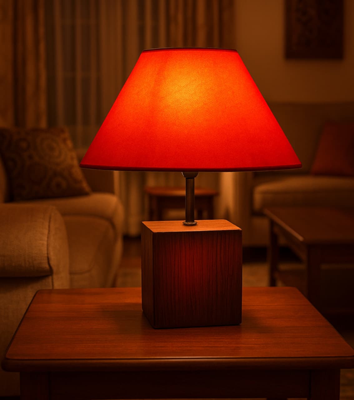 Premium Handcrafted Lighting – Handcrafted Wooden Table Lamp With Red Fabric Shade by IndiTemptation