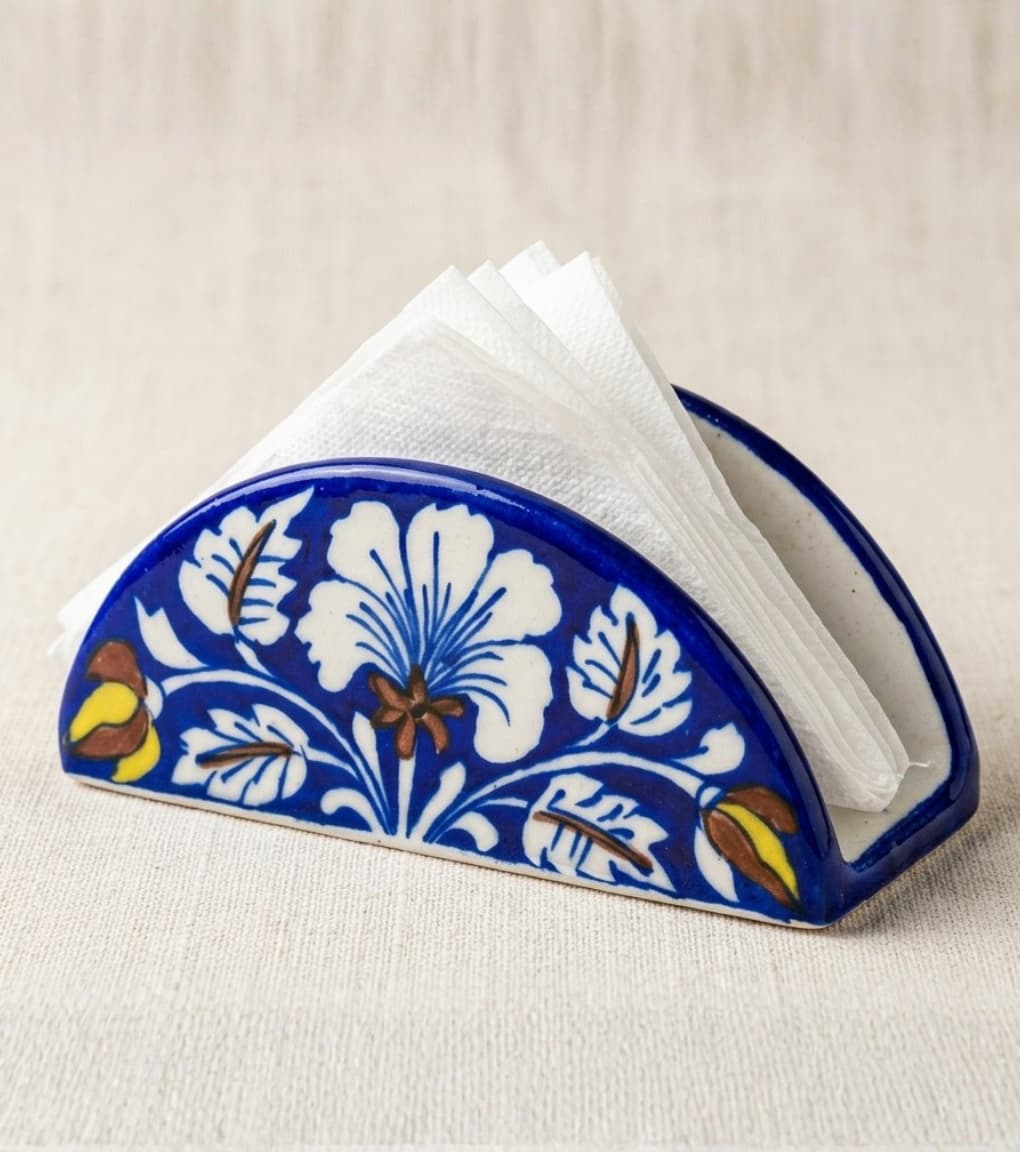 Azure Bloom Hand-Painted Jaipur Blue Pottery Napkin Holder