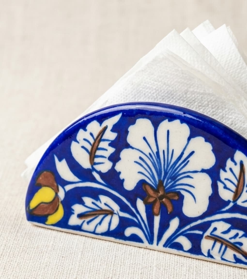 Azure Bloom Hand-Painted Jaipur Blue Pottery Napkin Holder