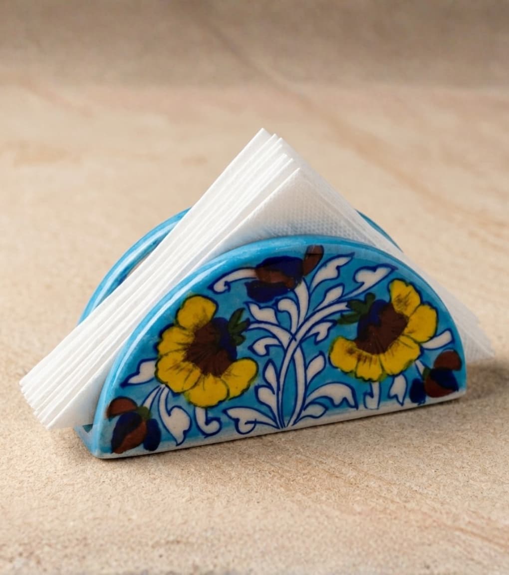 Jaipur Blue Pottery Floral Napkin Holder (Azure Blue)