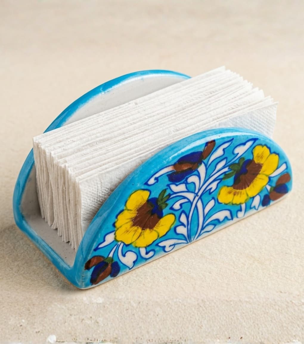 Jaipur Blue Pottery Floral Napkin Holder (Azure Blue)