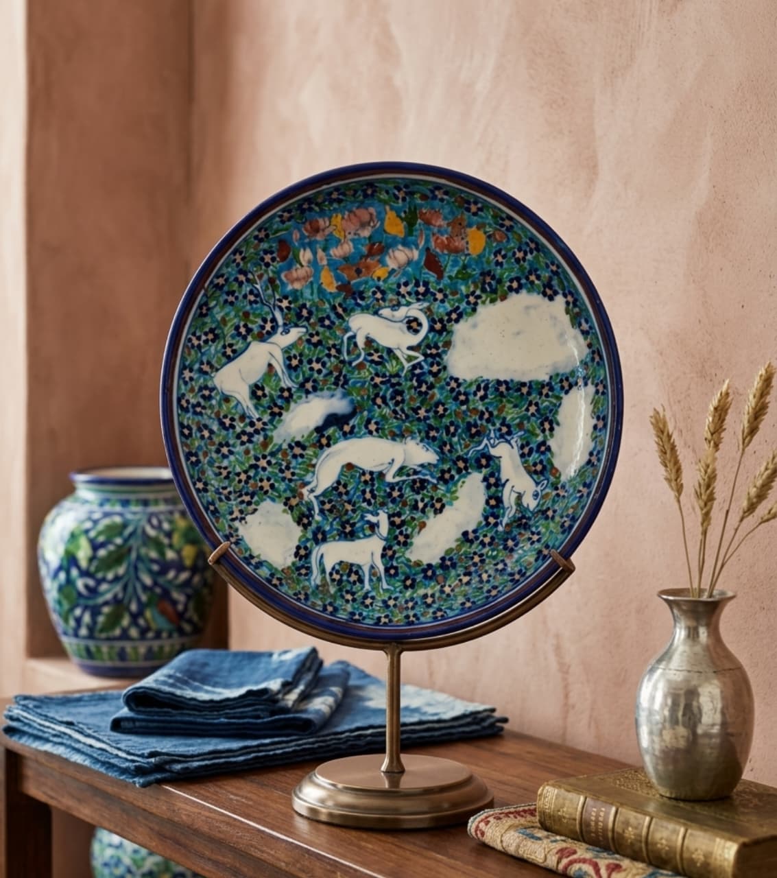 "Enchanted Forest" Jaipur Blue Pottery Hand-Painted Wall Plate (6")