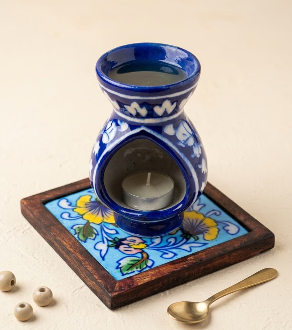 Heritage Floral Jaipur Blue Pottery Oil Burner & Tiled Wood-Frame Set