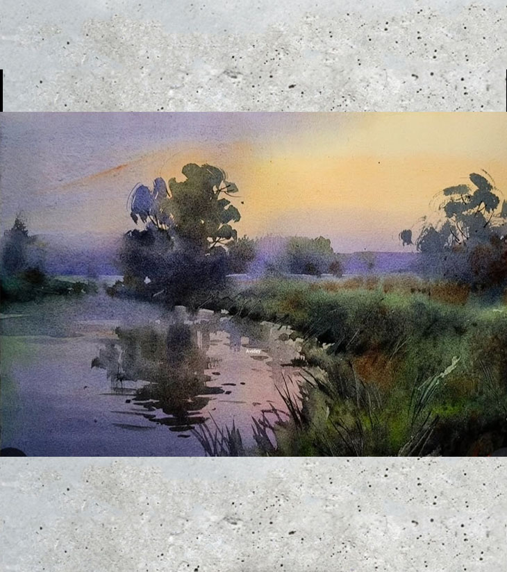 Premium Fine Art Landscape – "Twilight Reflections" A3 Watercolour by Ranjan Kurmi