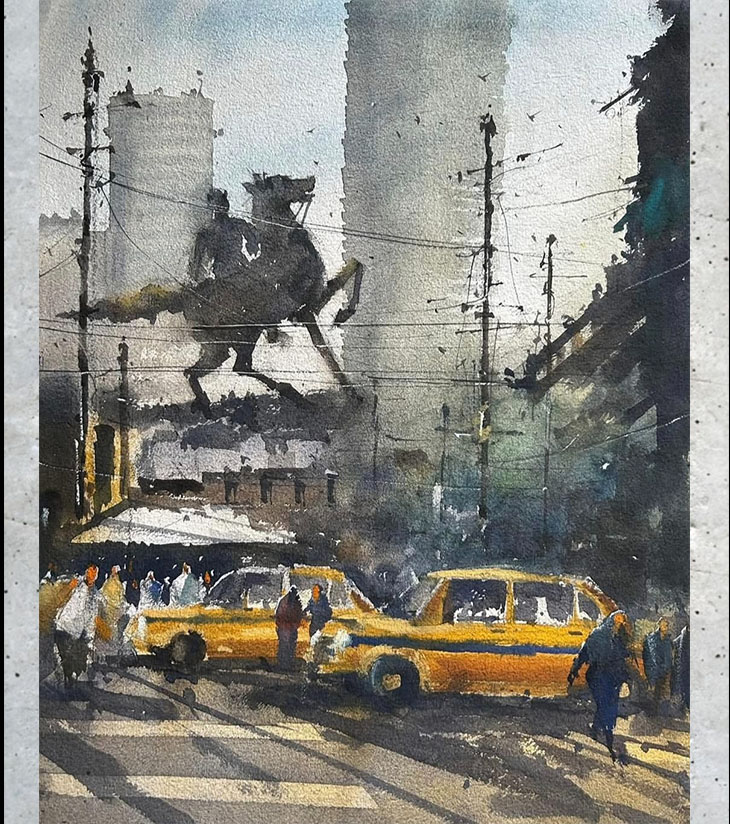 Premium Heritage Cityscape – "Shyambazar Netaji Murti" A3 Watercolour by Ranjan Kurmi