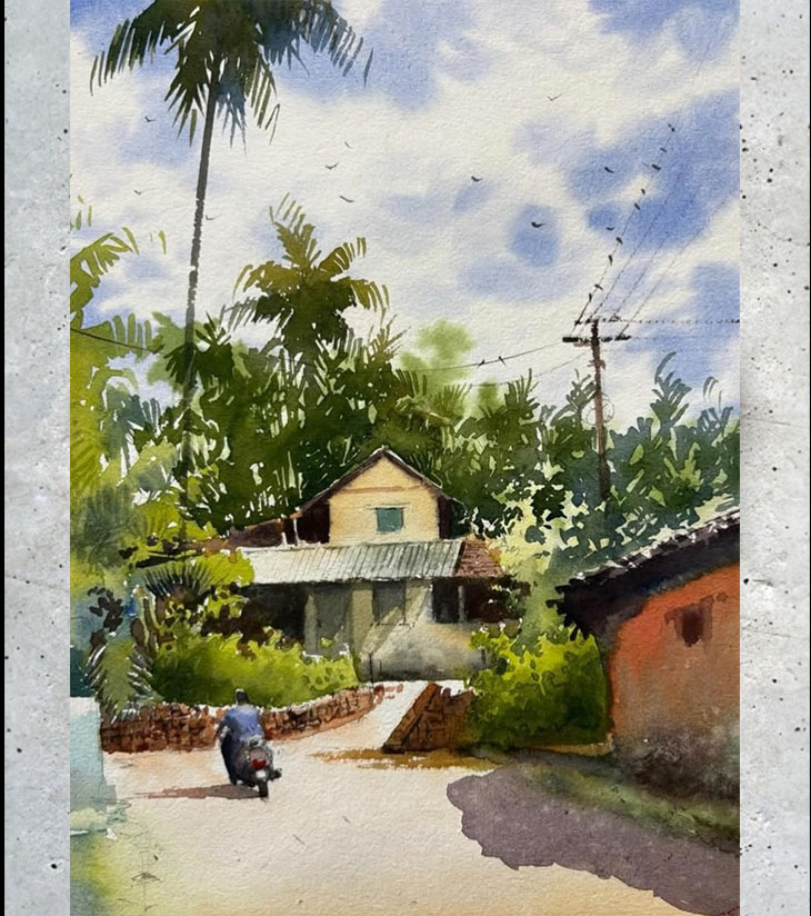 Premium Indian Landscape Art – "Morning Ride in Mafaswal" A3 Watercolour by Ranjan Kurmi