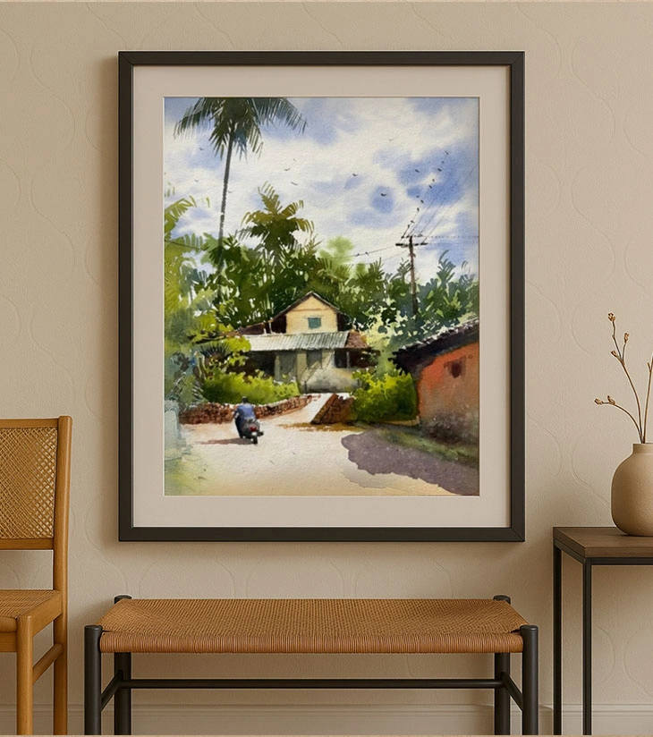 Premium Indian Landscape Art – "Morning Ride in Mafaswal" A3 Watercolour by Ranjan Kurmi