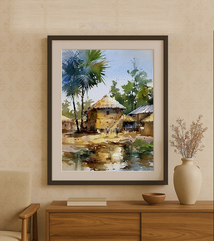 Premium Heritage Village Landscape – "Gramer Bari" A3 Watercolour by Ranjan Kurmi