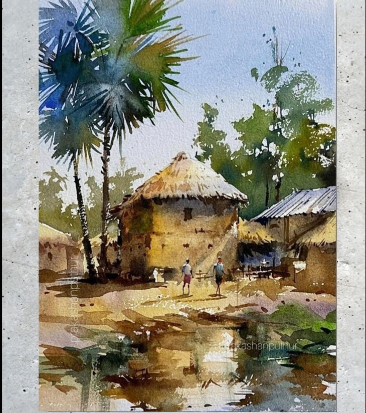 Premium Heritage Village Landscape – "Gramer Bari" A3 Watercolour by Ranjan Kurmi