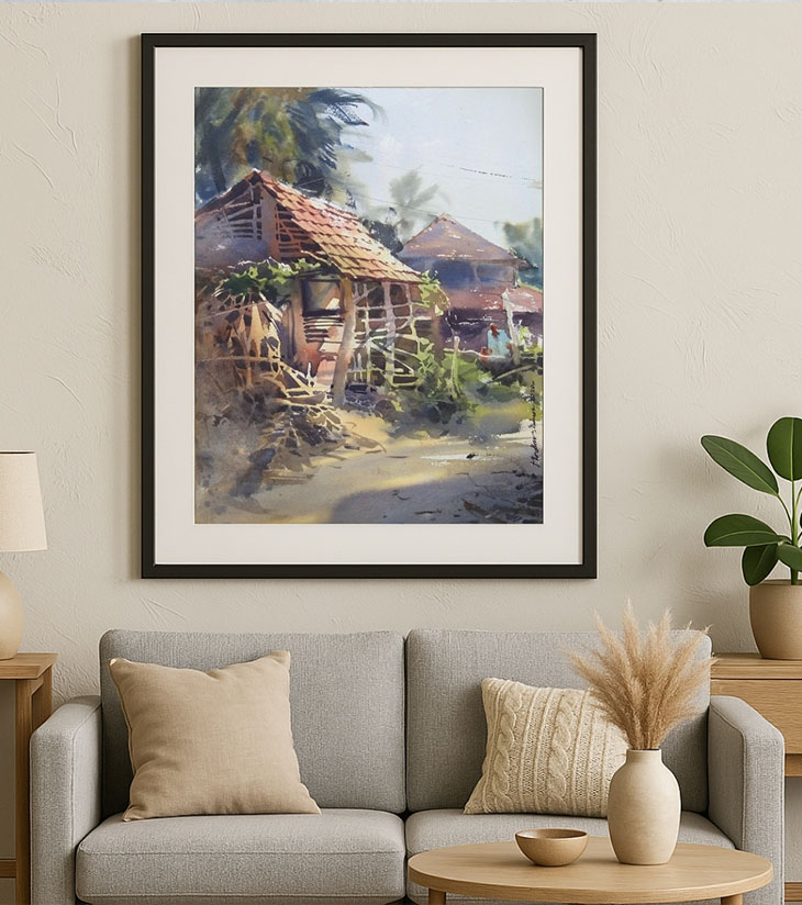 Premium Heritage Village Landscape – "Bengal Roots" A3 Watercolour by Ranjan Kurmi