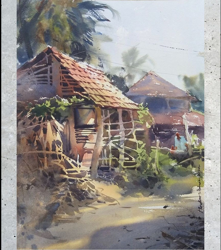 Premium Heritage Village Landscape – "Bengal Roots" A3 Watercolour by Ranjan Kurmi