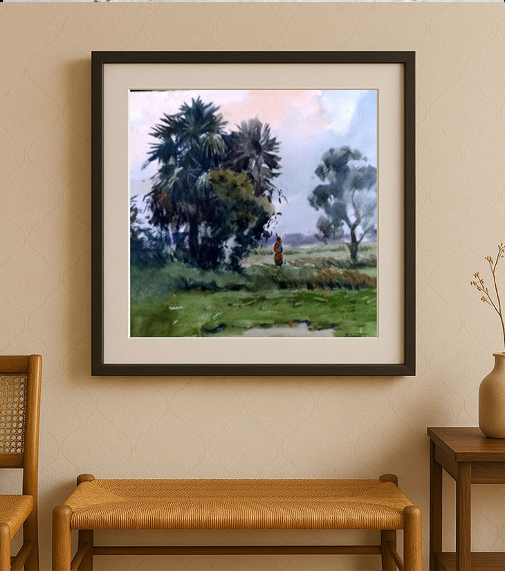 Premium Rural Landscape Art – "Banglar Khet" A3 Watercolour by Ranjan Kurmi