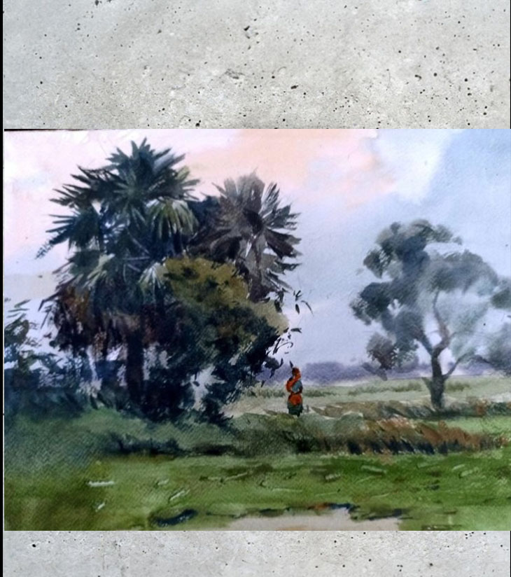 Premium Rural Landscape Art – "Banglar Khet" A3 Watercolour by Ranjan Kurmi