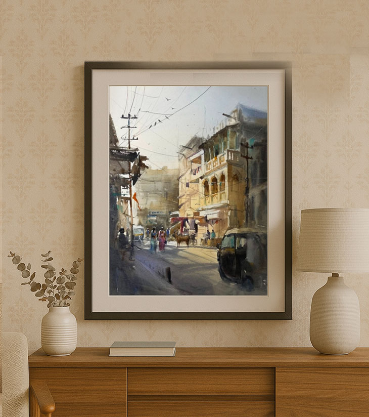 Premium Heritage Streetscape – "Banglar Janopad" A3 Watercolour by Ranjan Kurmi