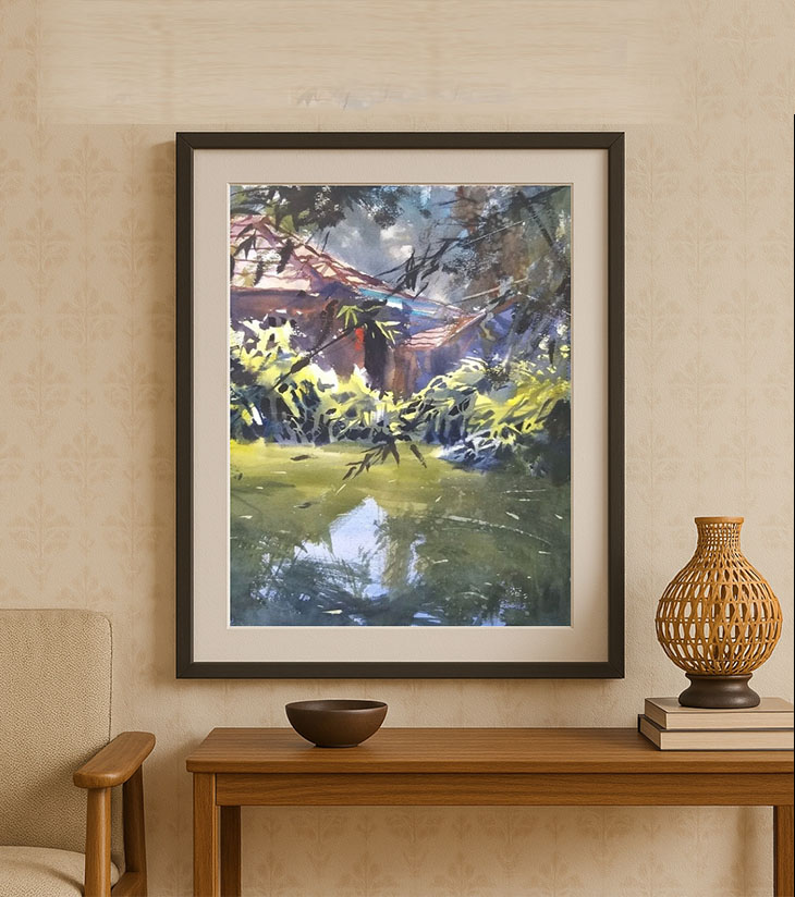 Premium Heritage Rural Landscape – "Banglar Doba" A4 Watercolour by Ranjan Kurmi
