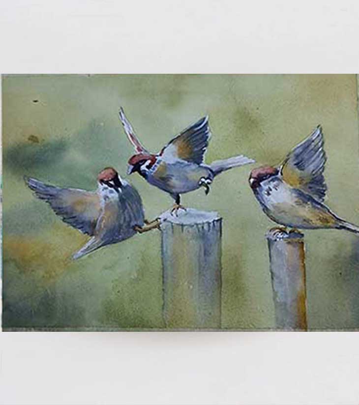 Premium Nature Fine Art – "Chirp Circle" A4 Watercolour Birdscape by Ranjan Kurmi
