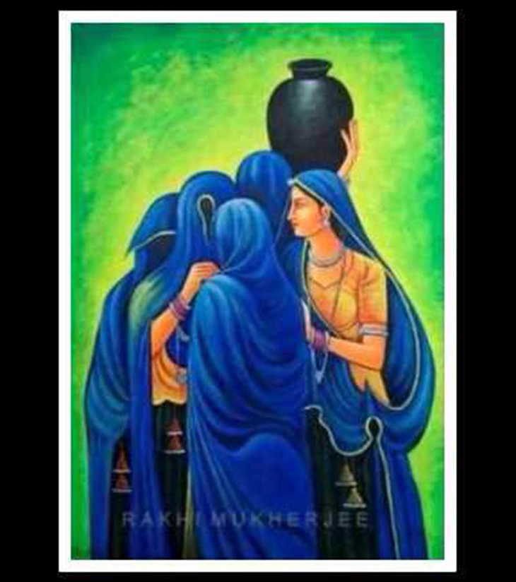 Premium Indian Figurative Art – "Village Grace" Original Acrylic Canvas by Rakhi Mukherjee | IndiTemptation