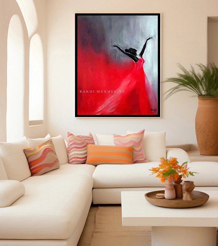 Premium Contemporary Figurative Art – "Red Reverie" Original Mixed Media Canvas by Rakhi Mukherjee | IndiTemptation