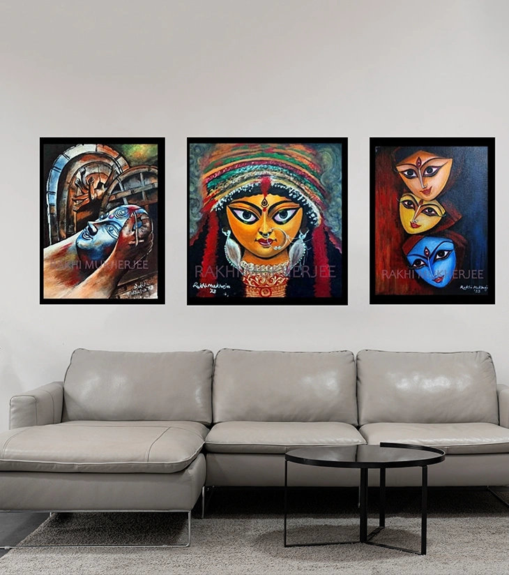 Premium Heritage Fine Art Triptych – "Invoking the Goddess Maa Durga" (Set of 3) Original Acrylic Canvases by Rakhi Mukherjee | IndiTemptation
