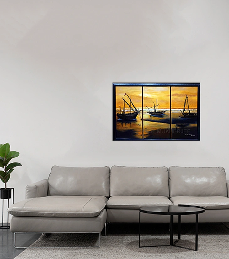 Premium Panoramic Seascape Art – "Hymne to the Sea" Original Oil Triptych by Rakhi Mukherjee | IndiTemptation