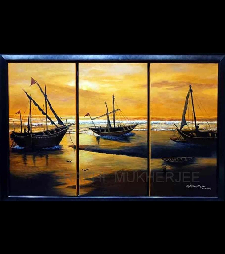 Premium Panoramic Seascape Art – "Hymne to the Sea" Original Oil Triptych by Rakhi Mukherjee | IndiTemptation