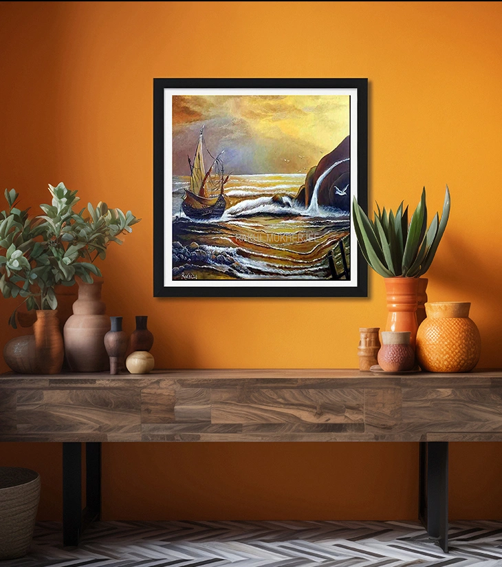 Premium Maritime Fine Art – "Golden Voyage" Original Mixed Media Canvas by Rakhi Mukherjee | IndiTemptation