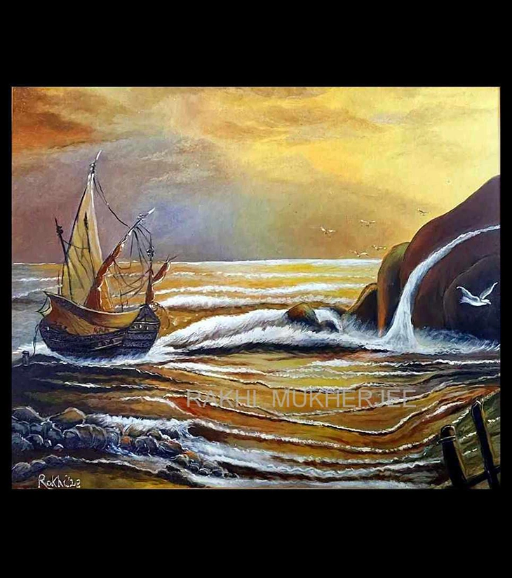 Premium Maritime Fine Art – "Golden Voyage" Original Mixed Media Canvas by Rakhi Mukherjee | IndiTemptation