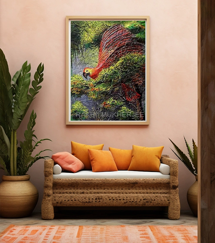 Premium Textured Wildlife Art – "Crimson Flight" Original Acrylic Canvas by Rakhi Mukherjee | IndiTemptation