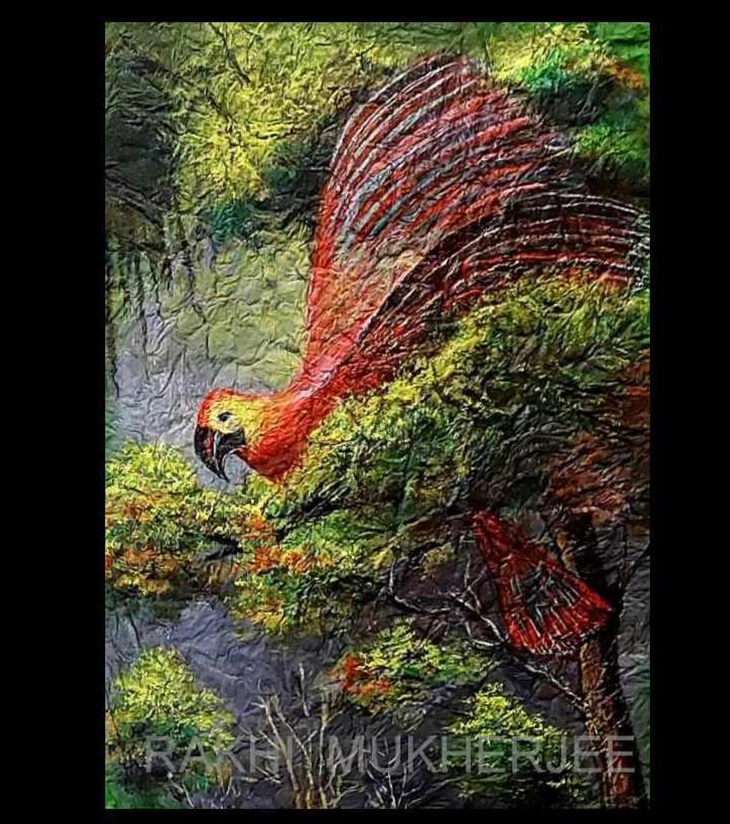 Premium Textured Wildlife Art – "Crimson Flight" Original Acrylic Canvas by Rakhi Mukherjee | IndiTemptation