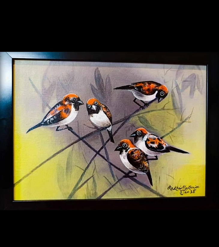 Premium Wildlife Fine Art – "Chirping Harmony" Handcrafted Acrylic Canvas by Rakhi Mukherjee | Indi Temptation