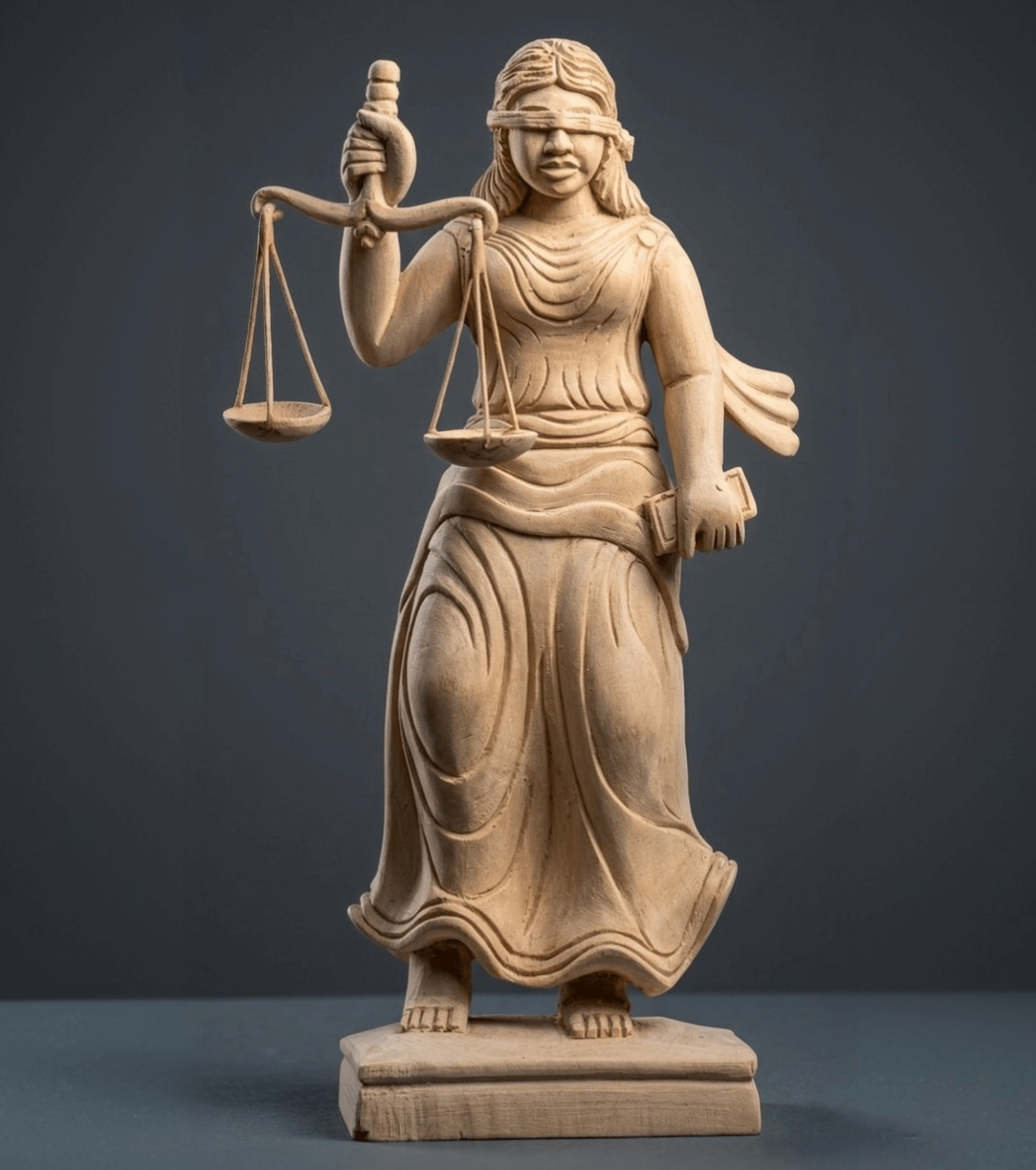 Handcrafted Wooden Lady Justice Idol – Traditional Indian Judicial Symbol (1 ft, Pure Wood, Hand-Carved)