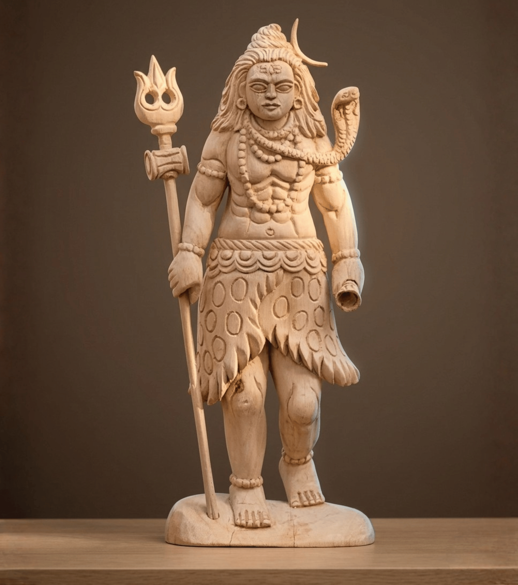 Handcrafted Wooden Lord Shiva Idol – Detailed Mahadev Sculpture (1 ft, Pure Wood, Fully Hand-Carved)