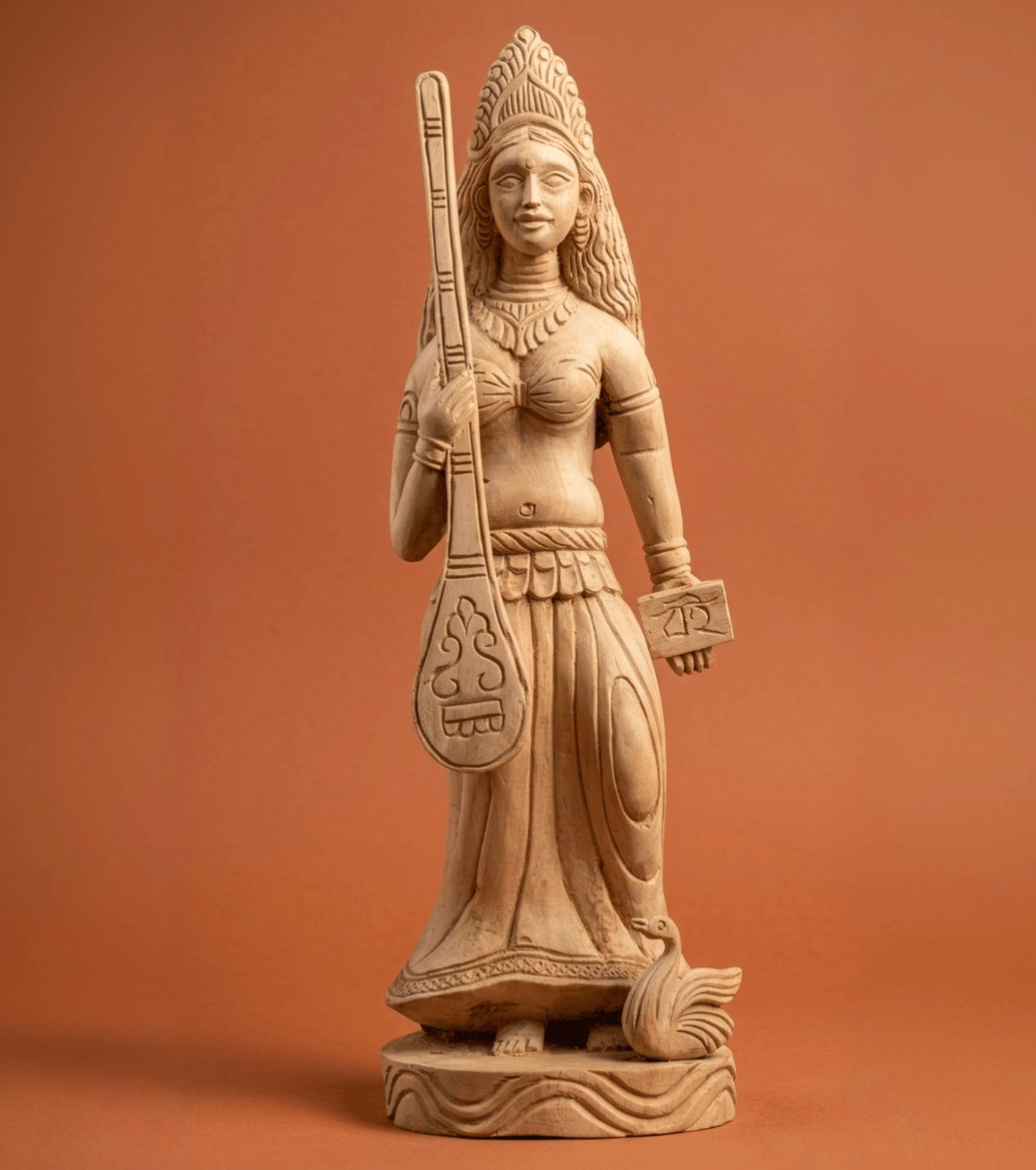 Handcrafted Wooden Goddess Saraswati Idol – Veena Dharini Sculpture (1.5 ft, Pure Wood, Fully Hand-Carved)