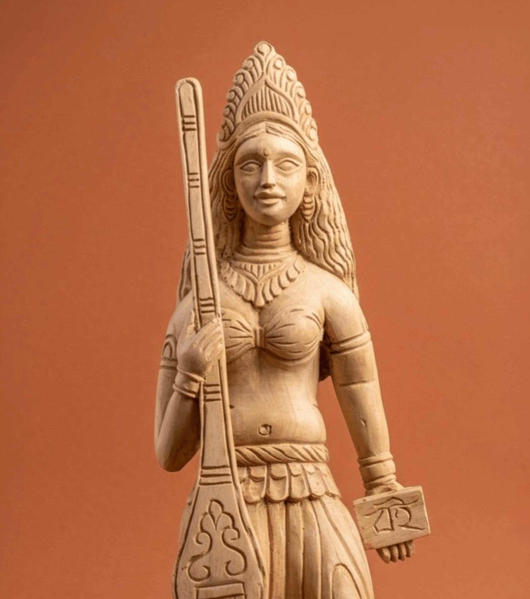 Handcrafted Wooden Goddess Saraswati Idol – Veena Dharini Sculpture (1.5 ft, Pure Wood, Fully Hand-Carved)