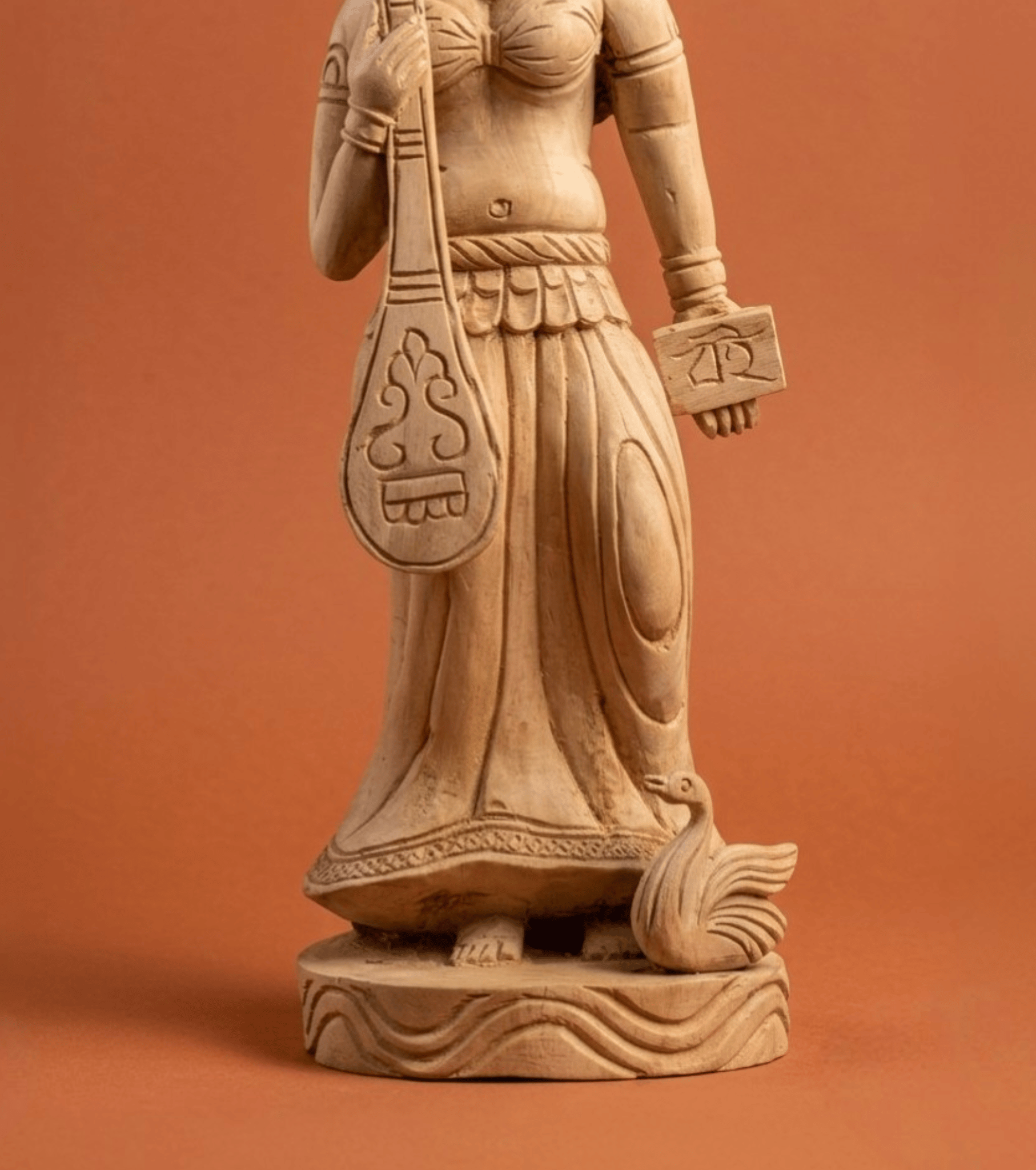Handcrafted Wooden Goddess Saraswati Idol – Veena Dharini Sculpture (1.5 ft, Pure Wood, Fully Hand-Carved)