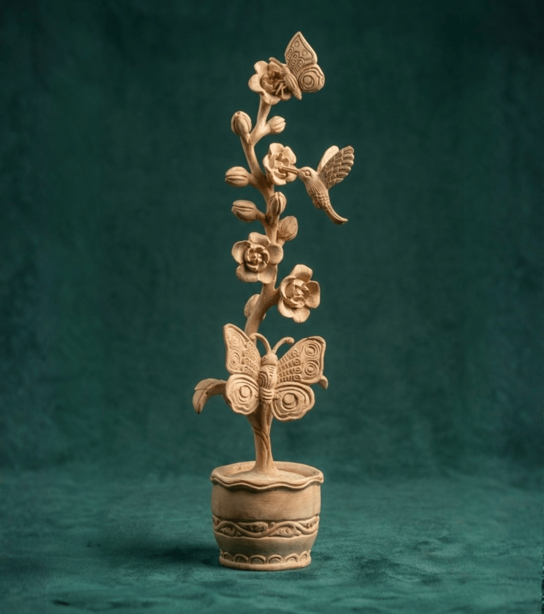 Handcrafted Wooden Decorative Plant with Birds and Butterflies Sculpture Premium Hand Carved Planter Art 1.5 ft Pure Wood
