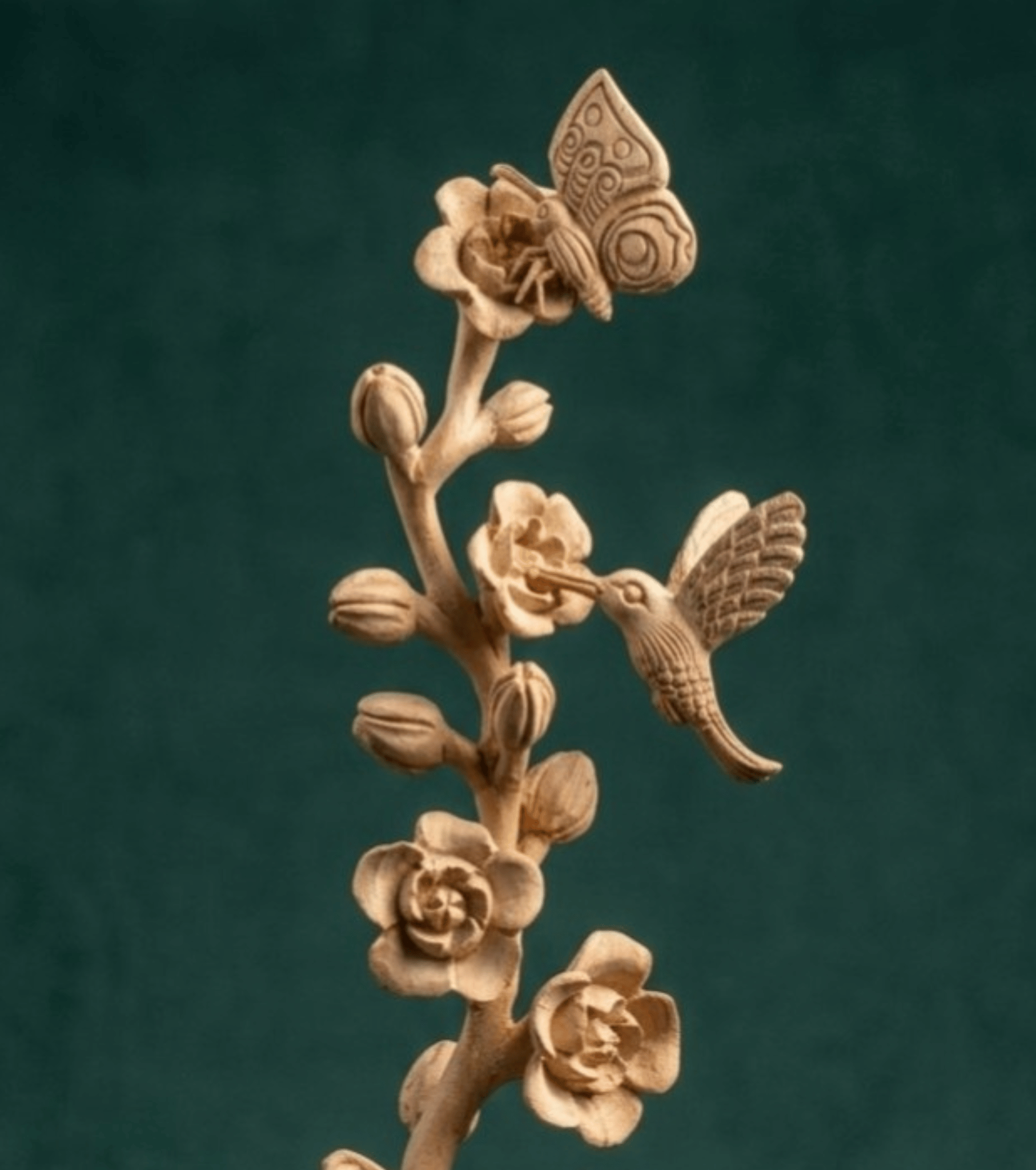Handcrafted Wooden Decorative Plant with Birds and Butterflies Sculpture Premium Hand Carved Planter Art 1.5 ft Pure Wood