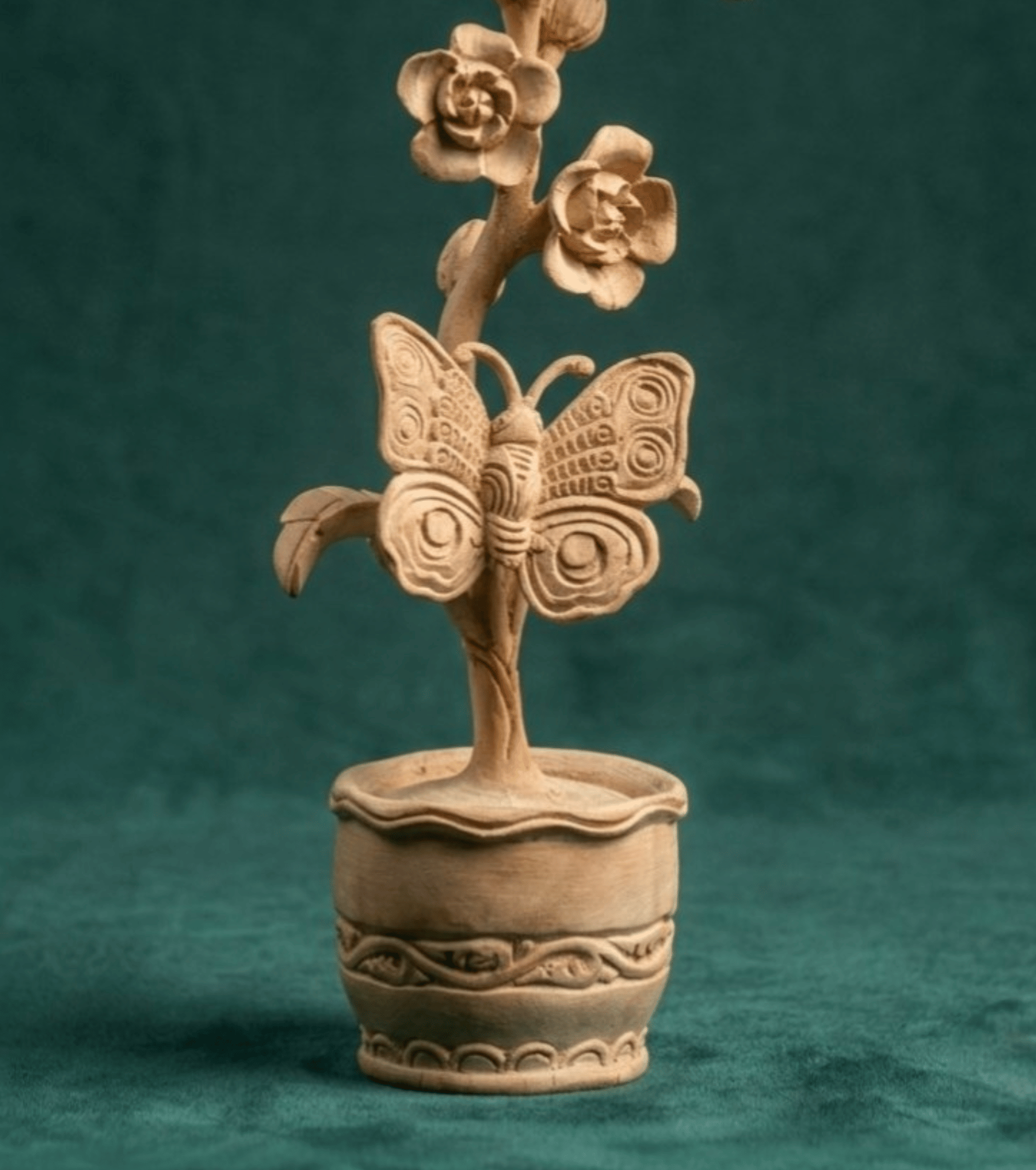 Handcrafted Wooden Decorative Plant with Birds and Butterflies Sculpture Premium Hand Carved Planter Art 1.5 ft Pure Wood