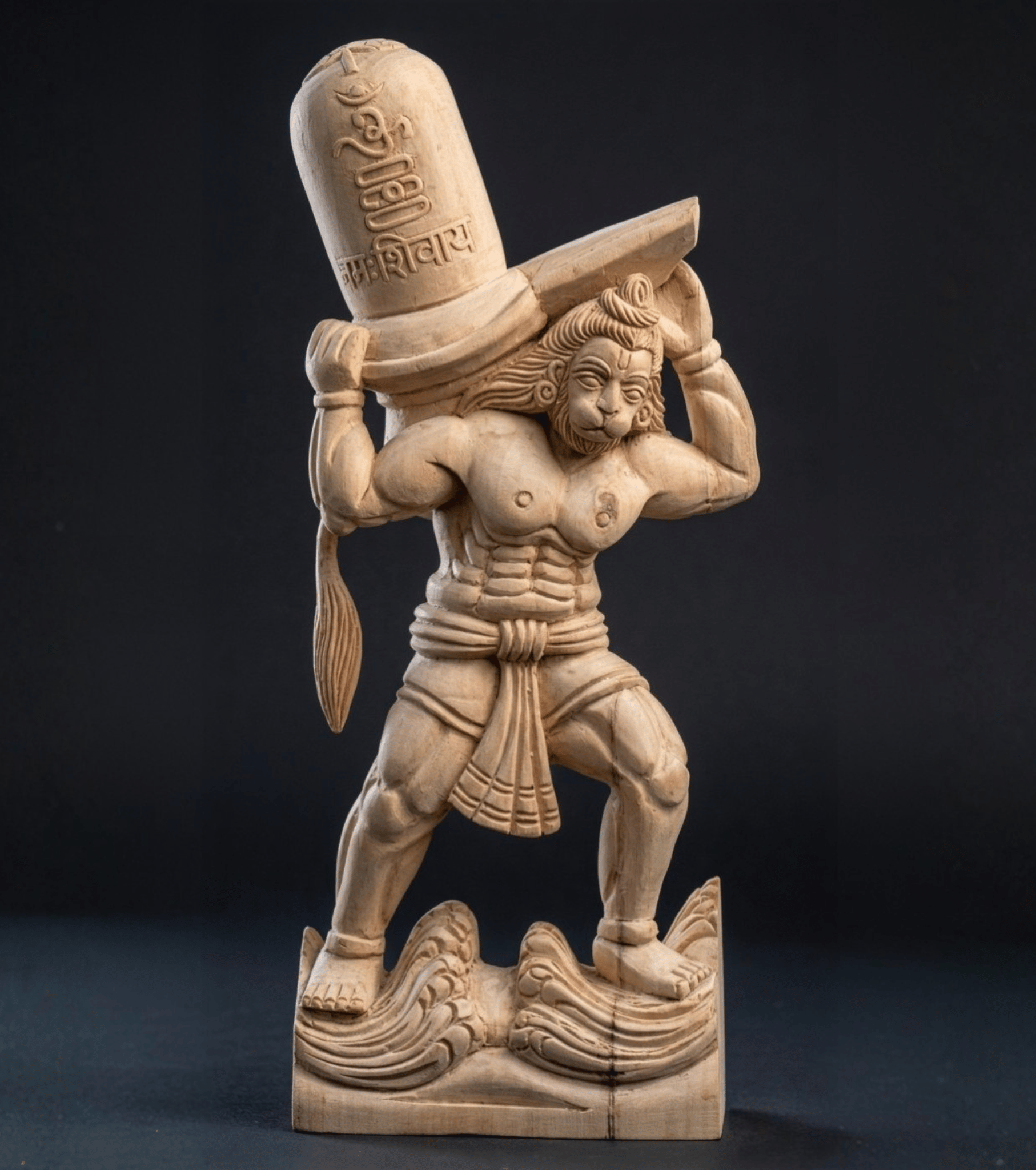 Handcrafted Wooden Hanuman Ji Carrying Shivling Idol Premium Sankat Mochan Sculpture Hand Carved Pure Wood 1 ft