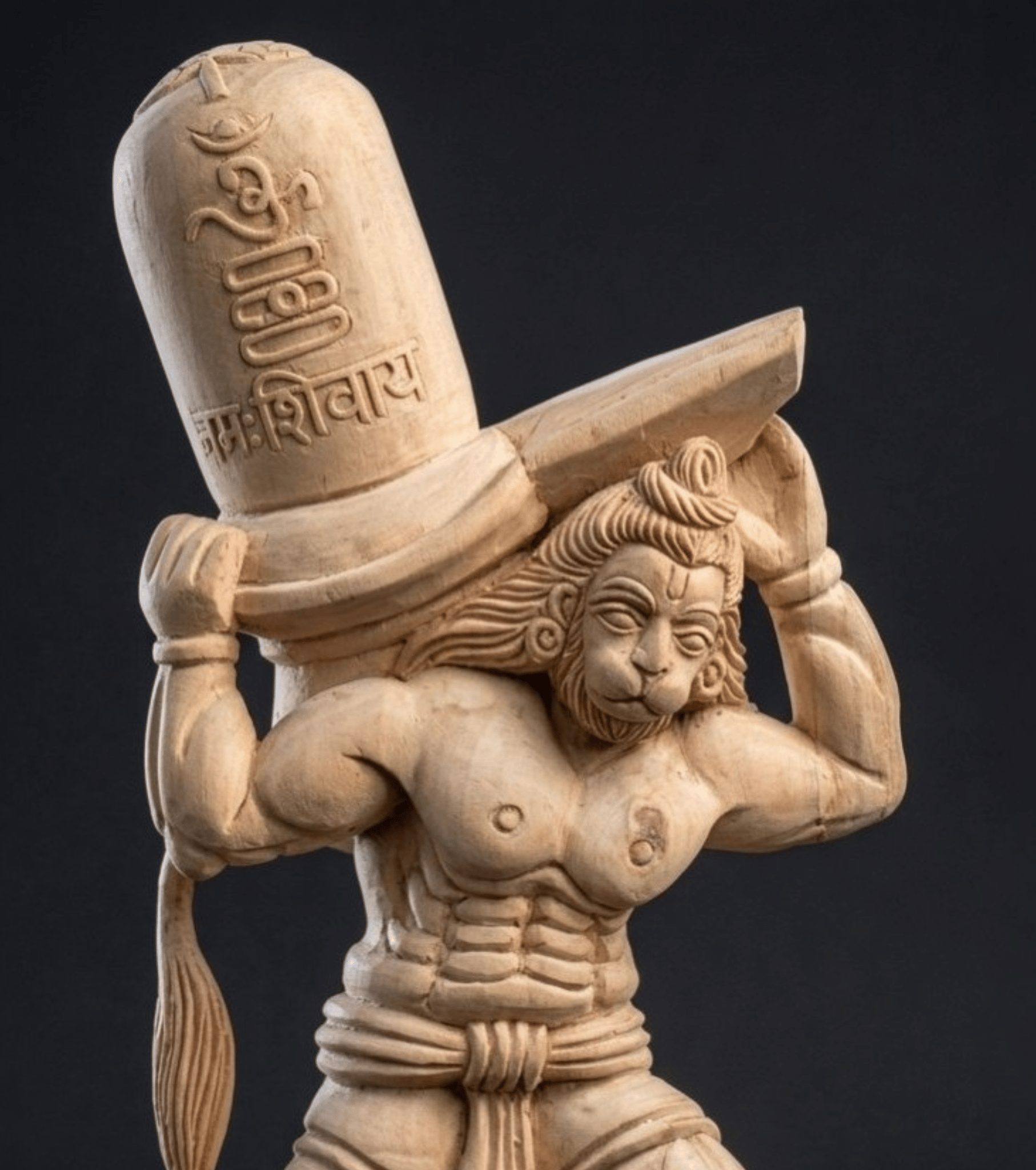 Handcrafted Wooden Hanuman Ji Carrying Shivling Idol Premium Sankat Mochan Sculpture Hand Carved Pure Wood 1 ft