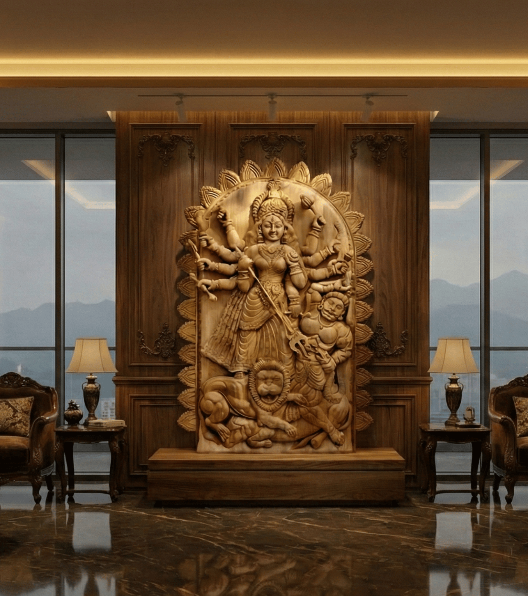 Handcrafted Wooden Maa Durga Wall Panel Idol Premium 6 Feet Mahishasura Mardini Sculpture Hand Carved Pure Wood