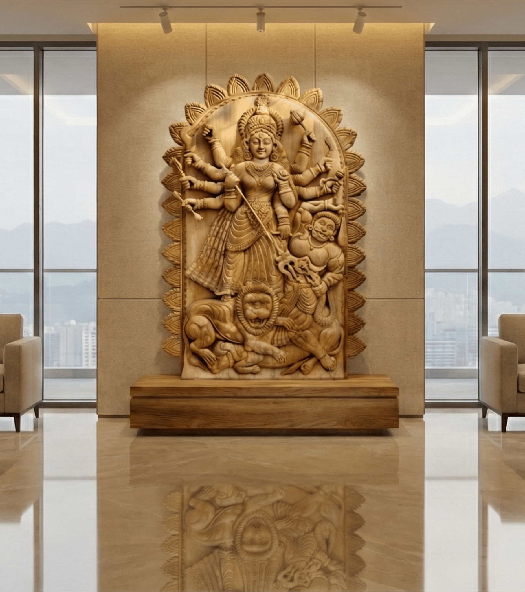 Handcrafted Wooden Maa Durga Wall Panel Idol Premium 6 Feet Mahishasura Mardini Sculpture Hand Carved Pure Wood