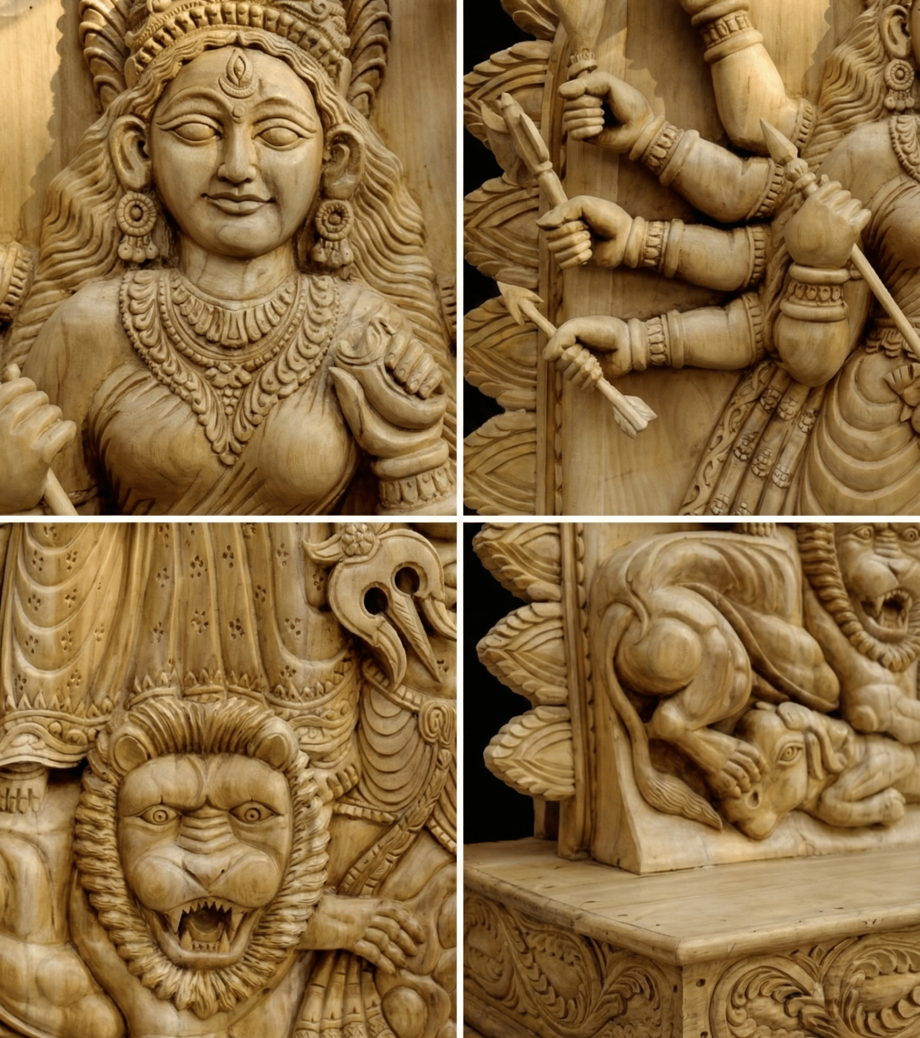 Handcrafted Wooden Maa Durga Wall Panel Idol Premium 6 Feet Mahishasura Mardini Sculpture Hand Carved Pure Wood