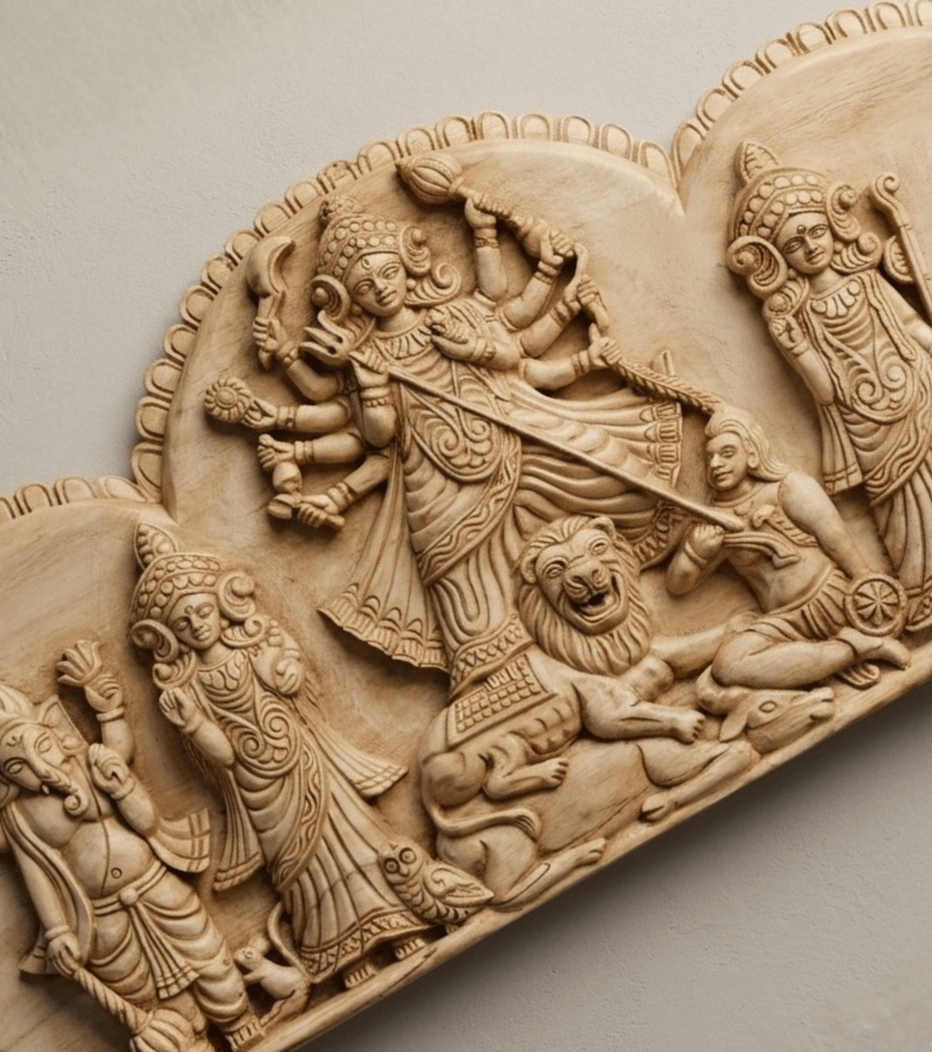 Handcrafted Wooden Maa Durga Family Wall Panel Premium Durga Parivar Sculpture Hand Carved Pure Wood 2 Feet Width